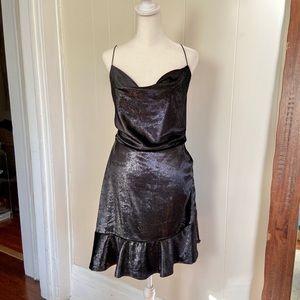 LEYDEN Black Shimmer Asymmetrical Ruffle Hem Mini Dress | Spaghetti Strap | L